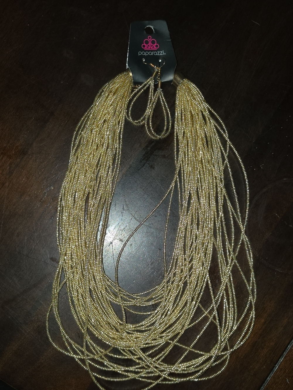 paparazzi Gold Multi-Strand Seed Bead Tassel Necklace with Matching Earrings